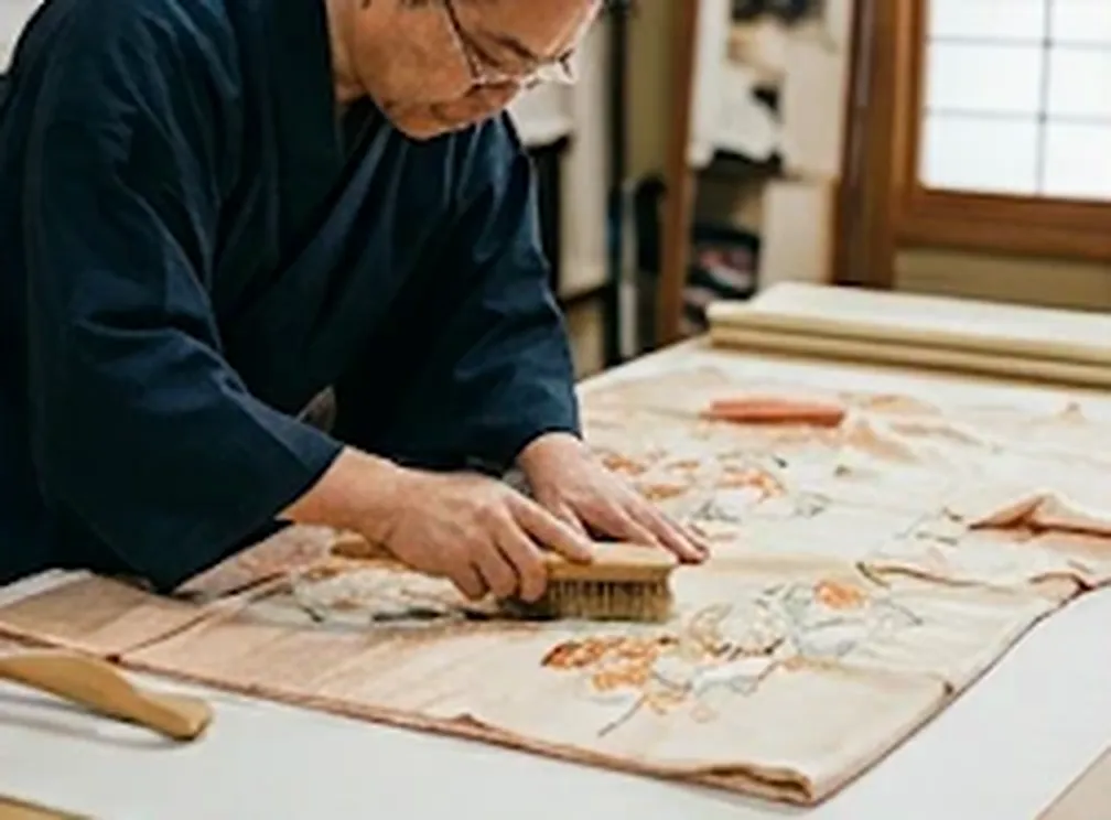 刷毛で着物の汚れを落とす職人の手元