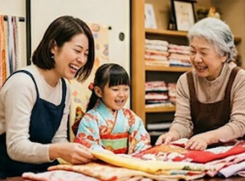 母と祖母と娘が着物を広げて笑い合う様子