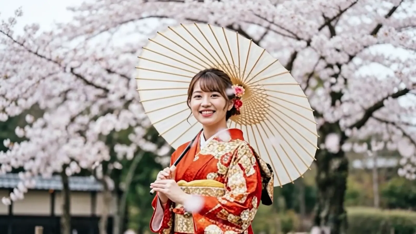 桜の下で赤い振袖を着た女性