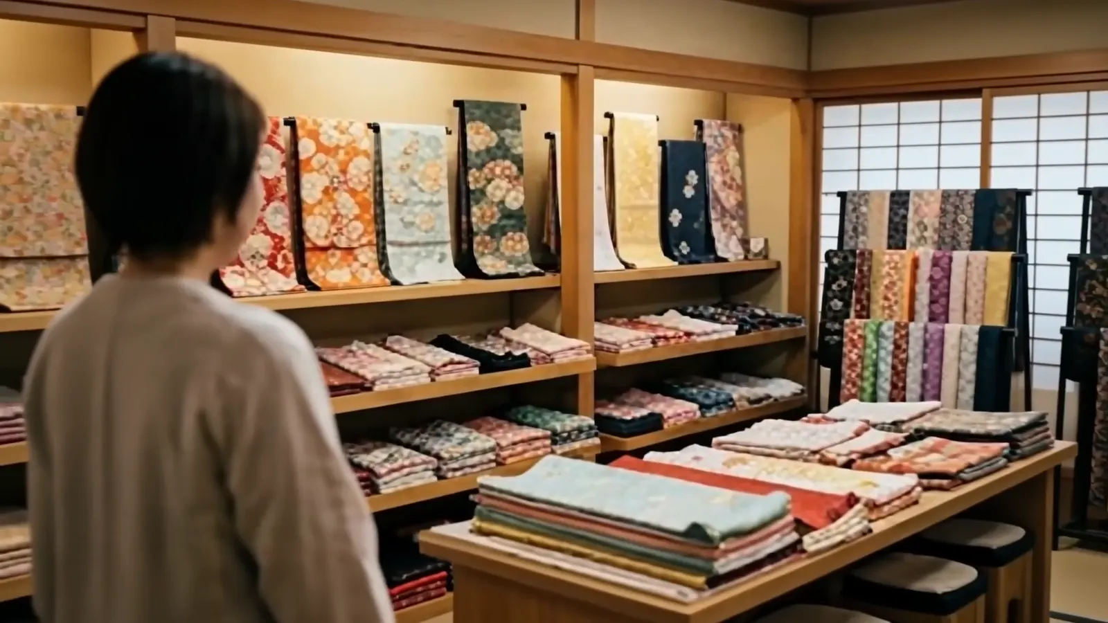 反物や振袖が並ぶ店内の棚
